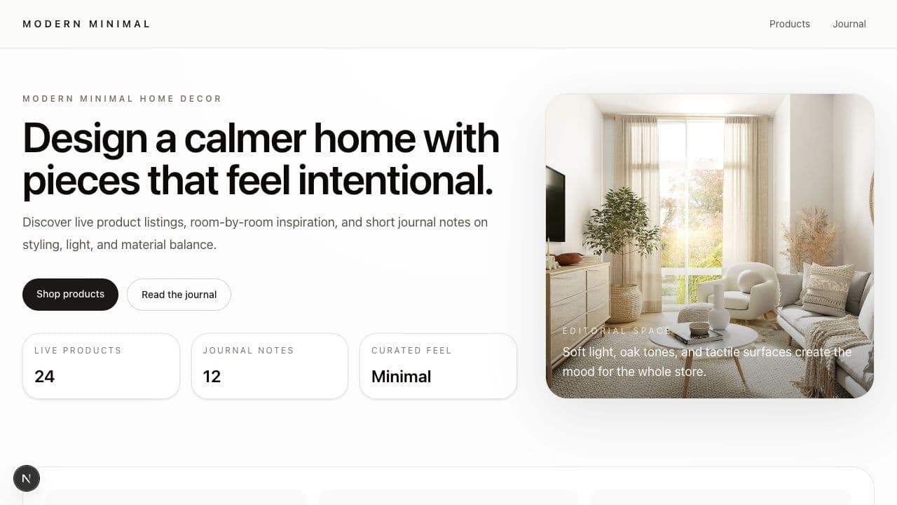 Website nội thất tối giản được LynaX AI Agent tạo ra
